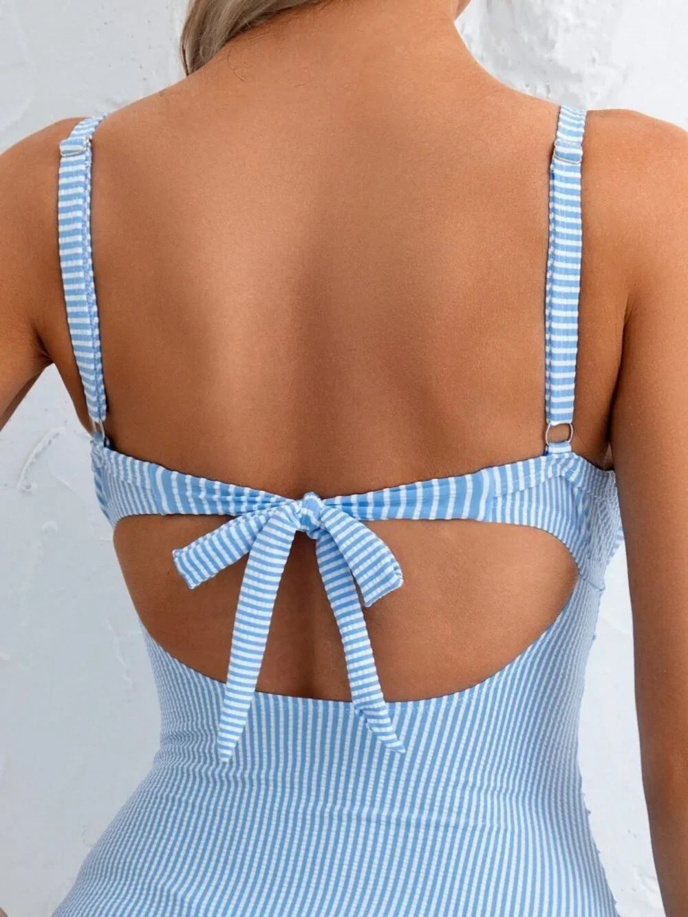Blue And White Sexy Women's Striped Backless Hollow Out One-Piece Swimsuit